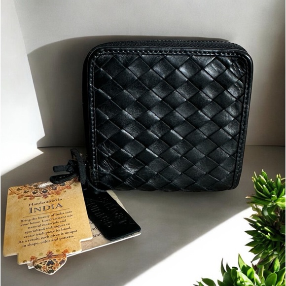 Handcrafted In India Handbags - India Black Woven Leather Wallet